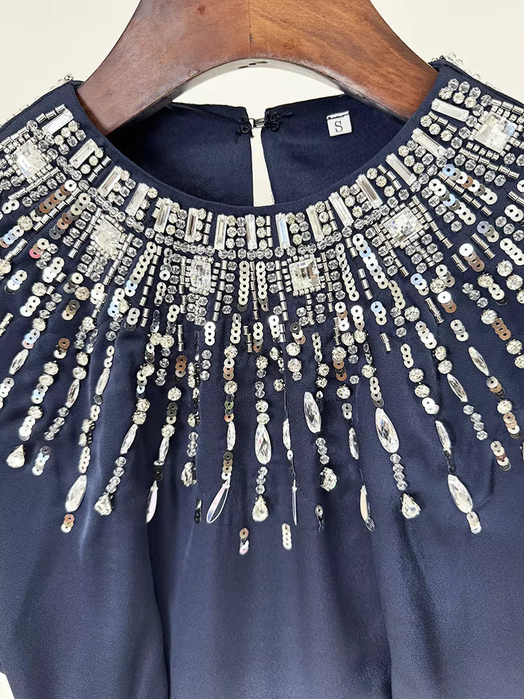 Backless Shiny Satin Diamond Beaded Maxi Dress