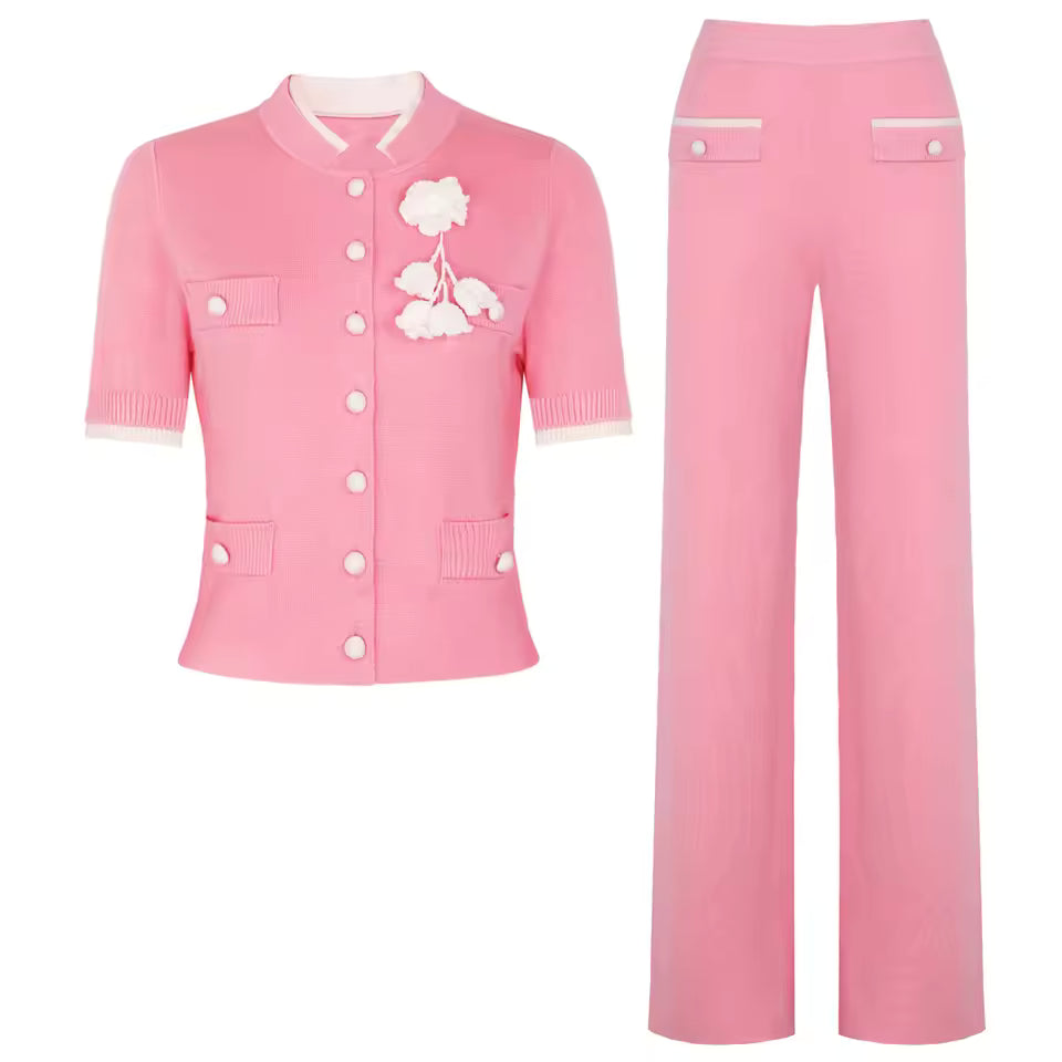 Colorblock Flower Accent Knit Vest & Solid Pants Set