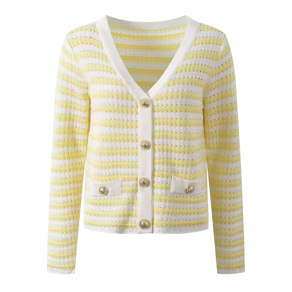 Colorblock Striped Single-Breasted Knit Cardigan