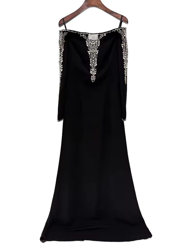 Split Mesh Diamond Beaded Long Sleeve Spaghetti Strap Maxi Dress
