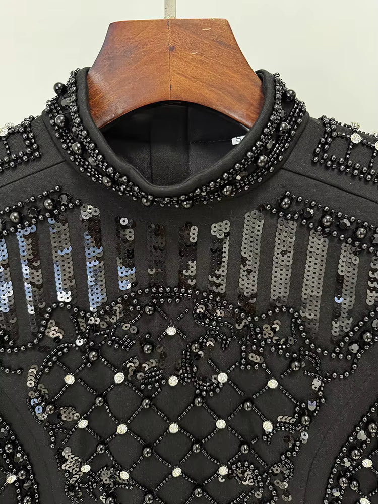 Pearl Sequin Beaded Long Sleeve Stretchy Dress