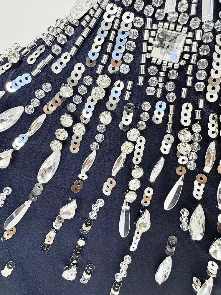 Backless Shiny Satin Diamond Beaded Maxi Dress