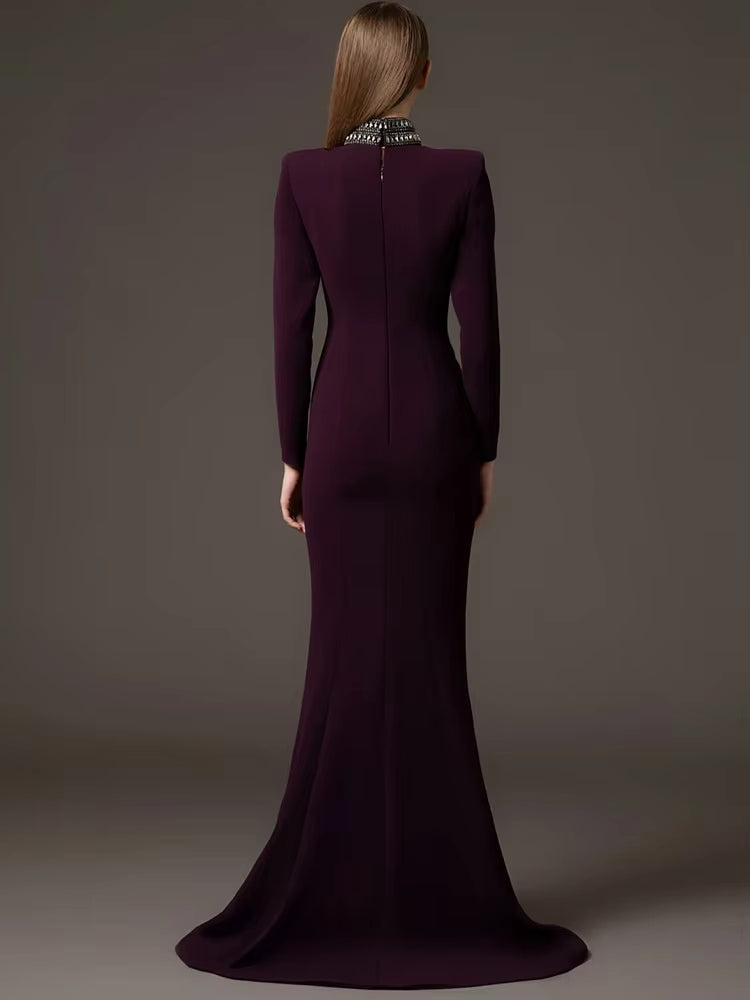 Short Sleeve Stand Collar Diamond Beaded Maxi Dress