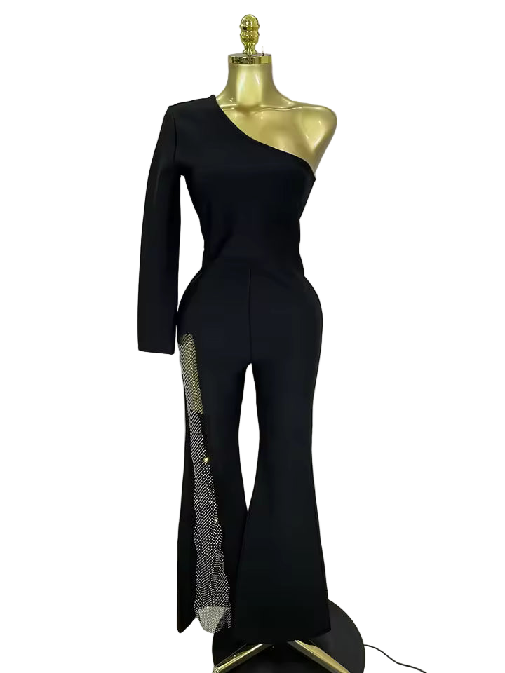 Shiny Sequin Mesh One-Shoulder Bell-Bottom Bandage Jumpsuit