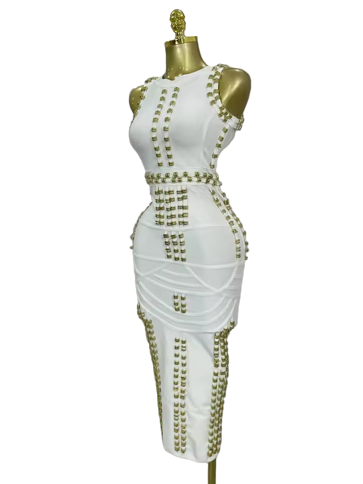 White Metal Buckle Sleeveless Bodycon Bandage Dress