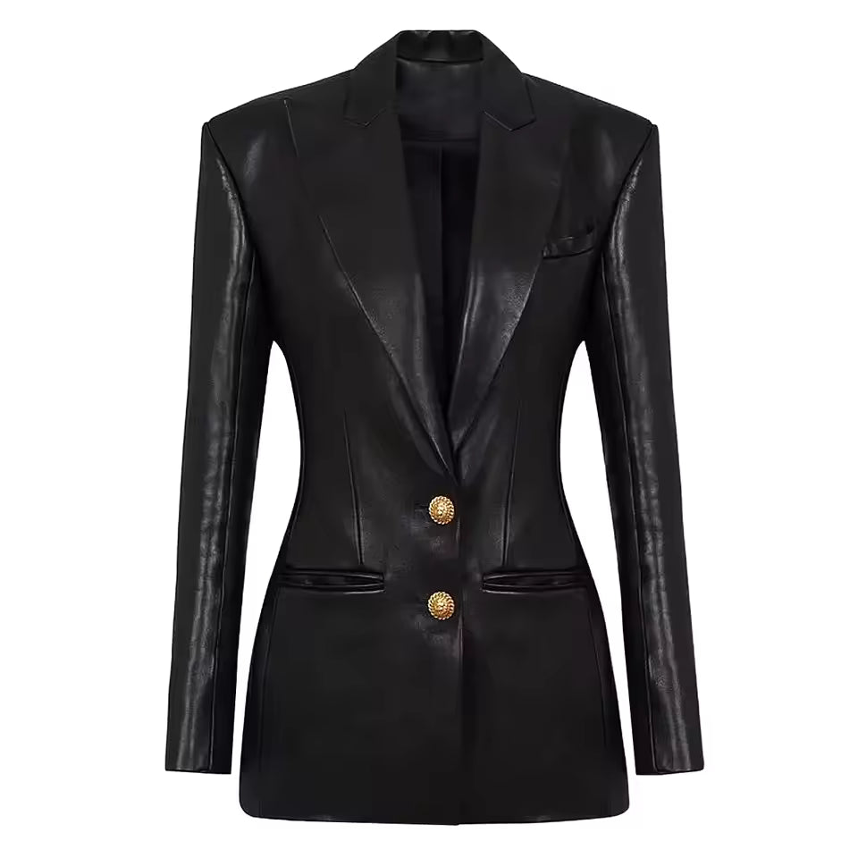 Classic PU Notched Blazer – Black Slim Fit