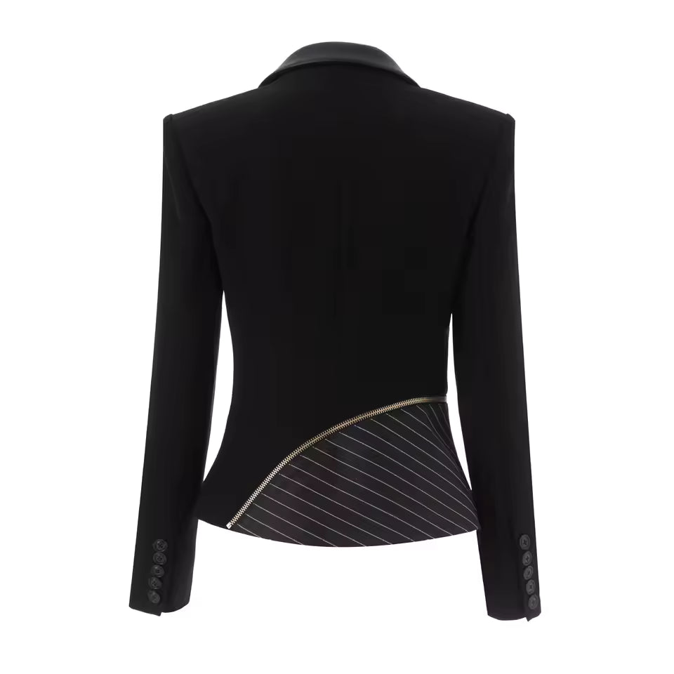 Stylish Striped Patchwork Notched Slim Blazer with Single Button