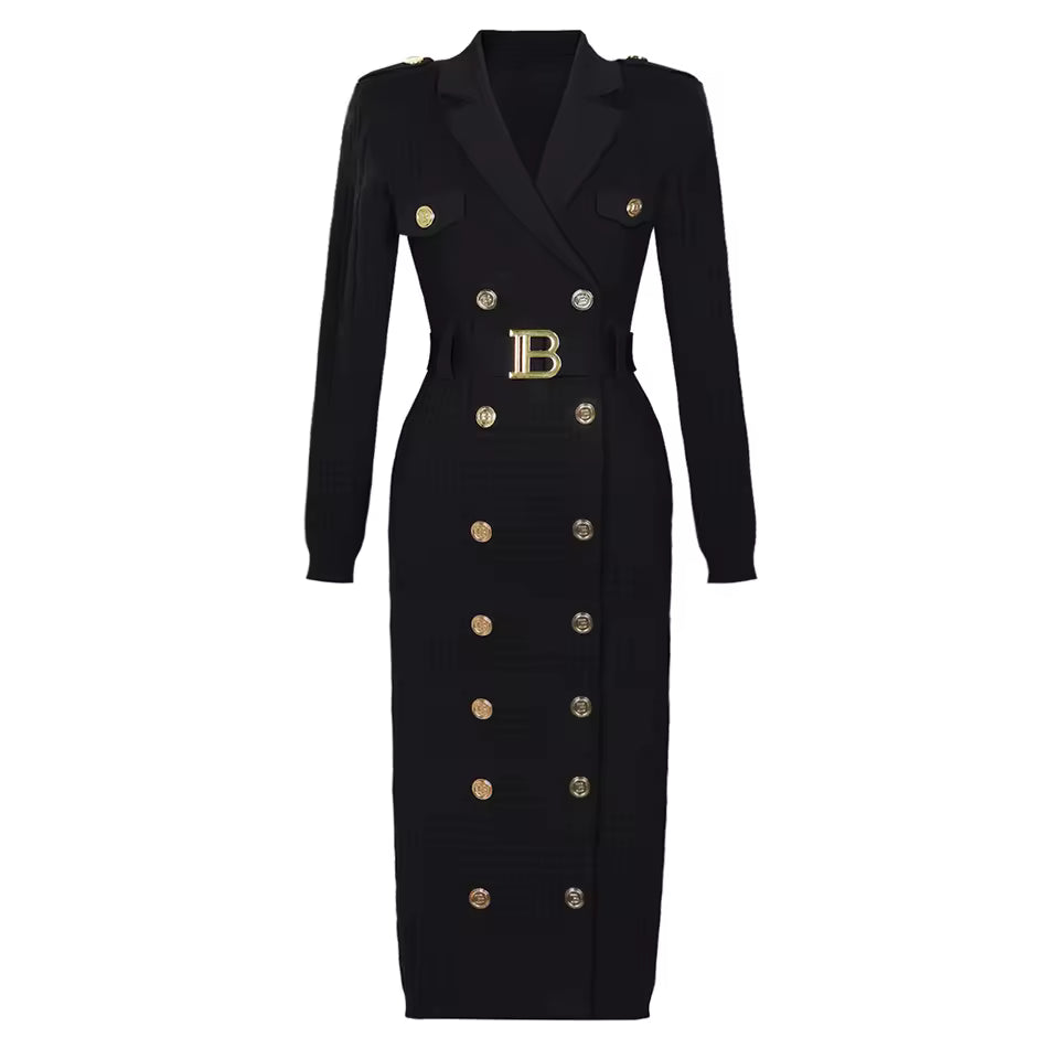 Solid Color Textured Lapel Double-Breasted Long Sleeve Knitted Dress
