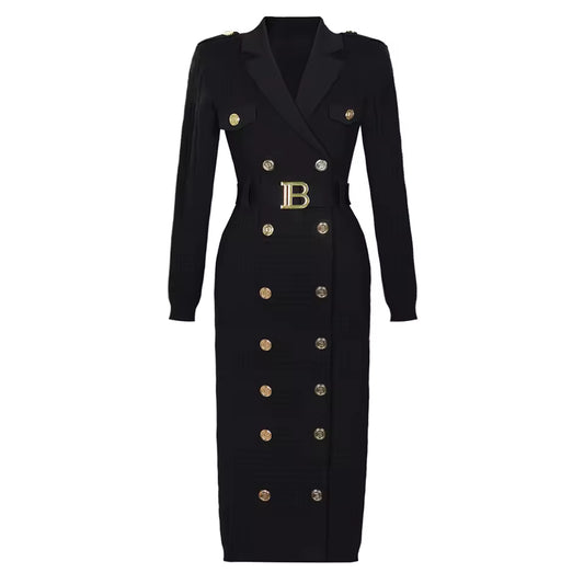 Solid Color Textured Lapel Double-Breasted Long Sleeve Knitted Dress