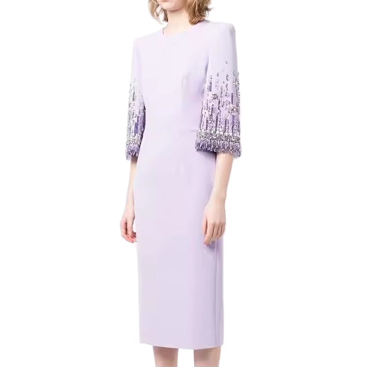 Sequined Rhinestone Beaded Tassel Knit Midi Dress