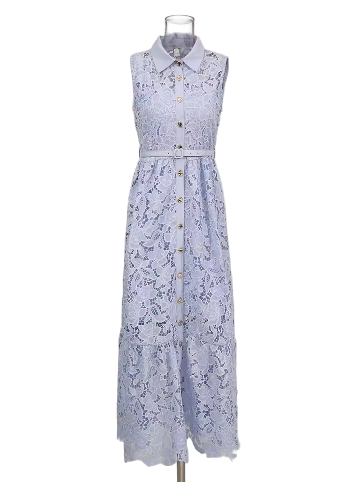 Sleeveless Patchwork Belted Lapel Dress with Hollow Out Detail