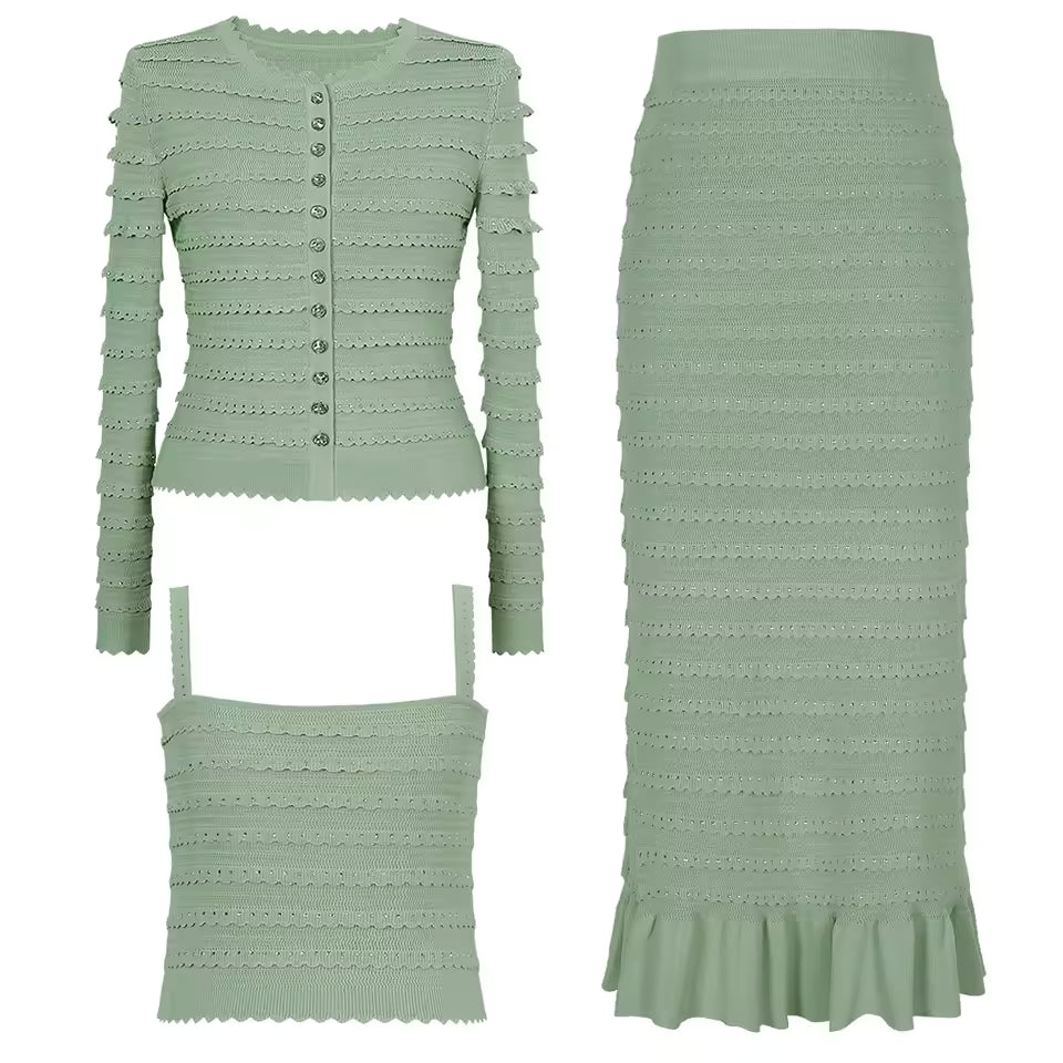 Knitted Lace Rhinestone Top Vest & Camisole with Ruffle Edge Slim Fit Half Skirt Set