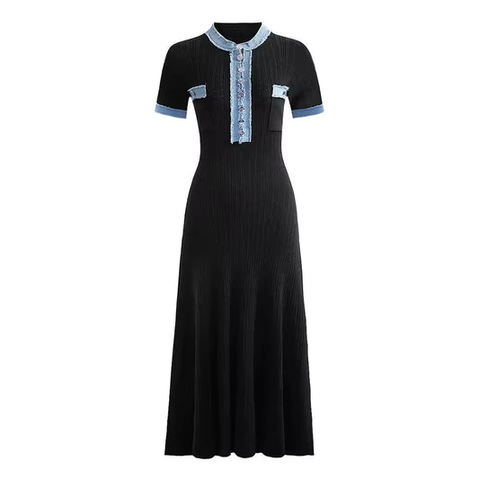 Pinned Denim Short Sleeve Knit Maxi Dress – Slim Fit Casual Chic