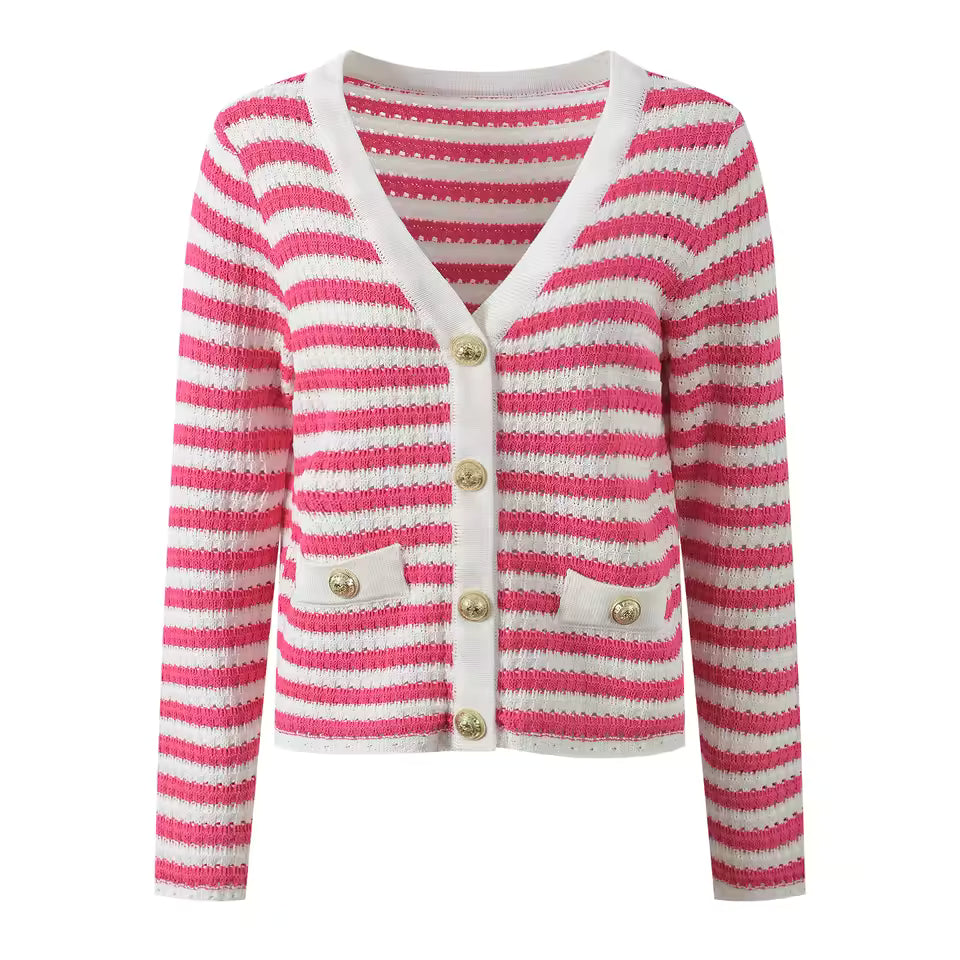 Colorblock Striped Single-Breasted Knit Cardigan