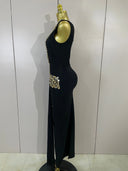 Black Crystal One-Shoulder Bandage Maxi Dress – Luxury Evening Gown