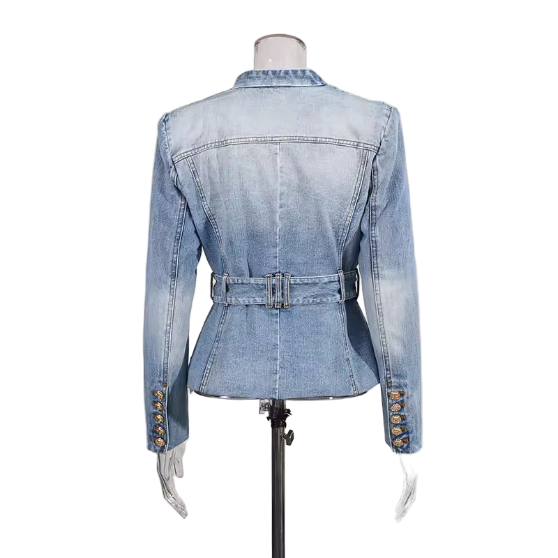 Slim Fit Belted Patchwork Denim V-Neck Coat with Pockets