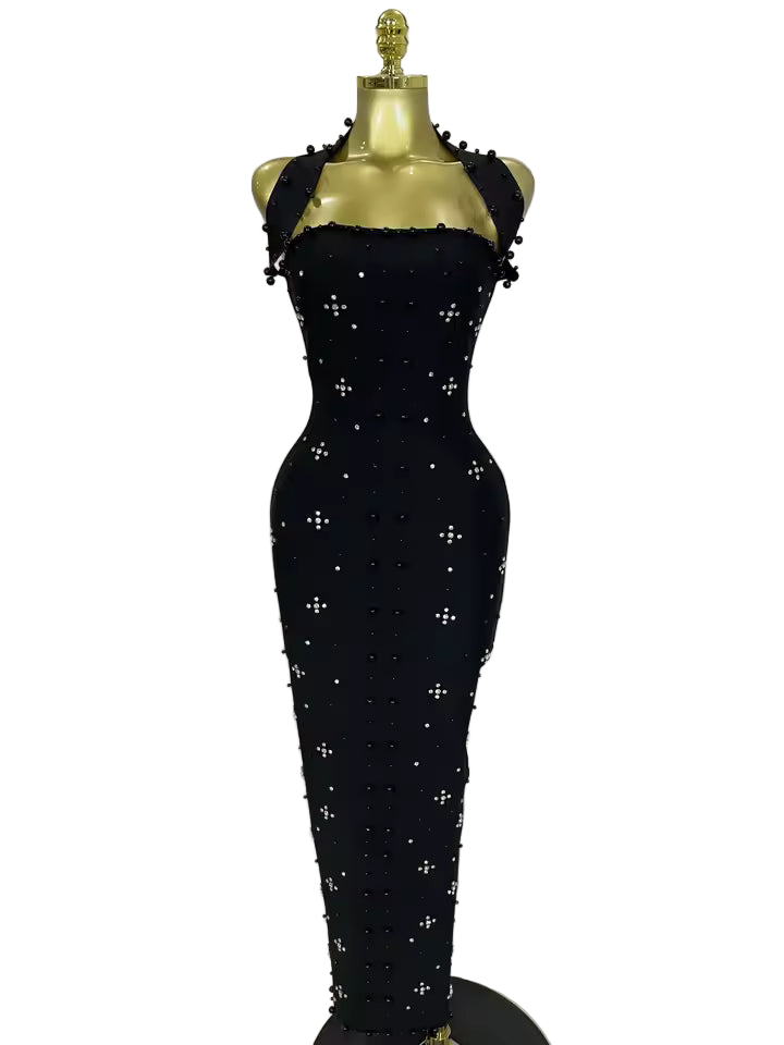 Sparkling Rhinestone Pearl Sleeveless Bodycon Bandage Long Dress