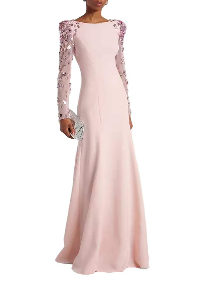 Split Mesh Diamond Beaded Long Sleeve Maxi Dress