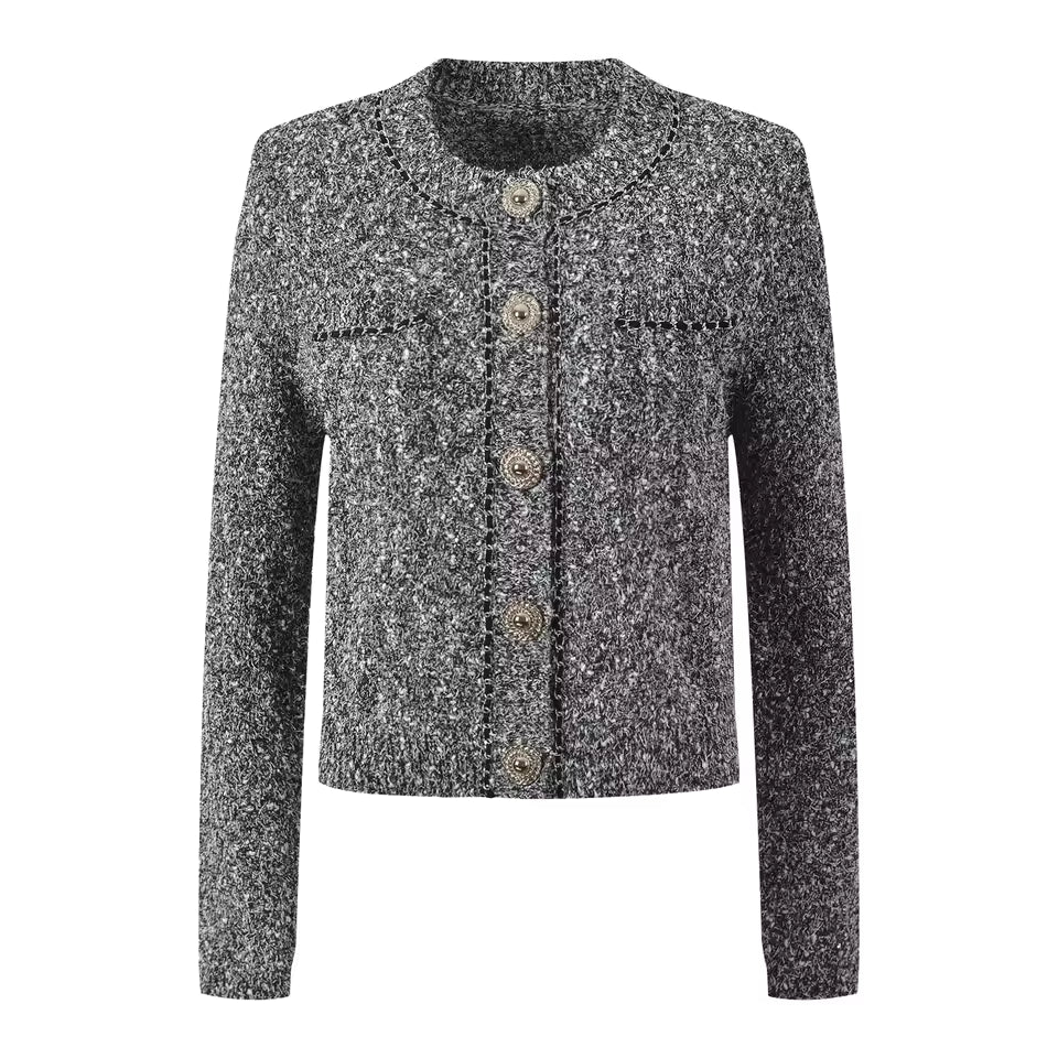 Stylish Chain Decor O-Neck Long Sleeve Single-Breasted Knit Cardigan