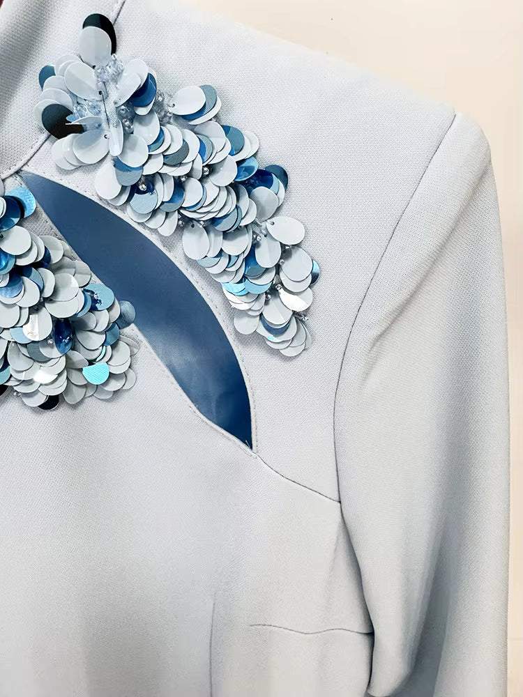 Stand Collar Beaded Sequin Hollow Out Maxi Dress