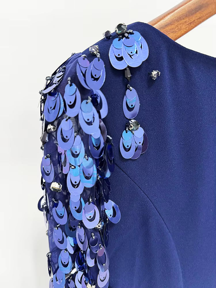 Split Mesh Diamond Beaded Long Sleeve Maxi Dress