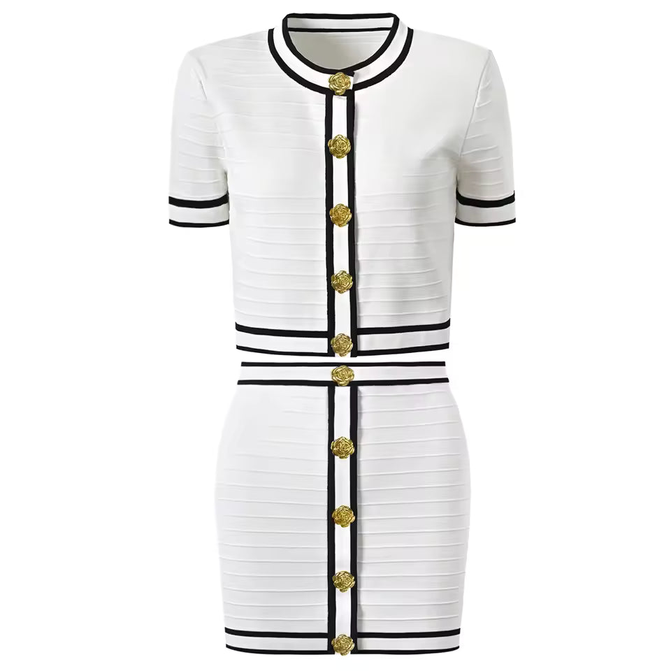 Three-Color Knitted Flower Knot Cardigan & Skirt Set