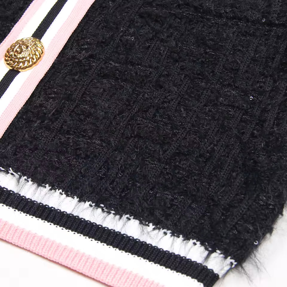 Fur Fringe Color Block Stripe Round Neck Single-Breasted Knit Vest Top