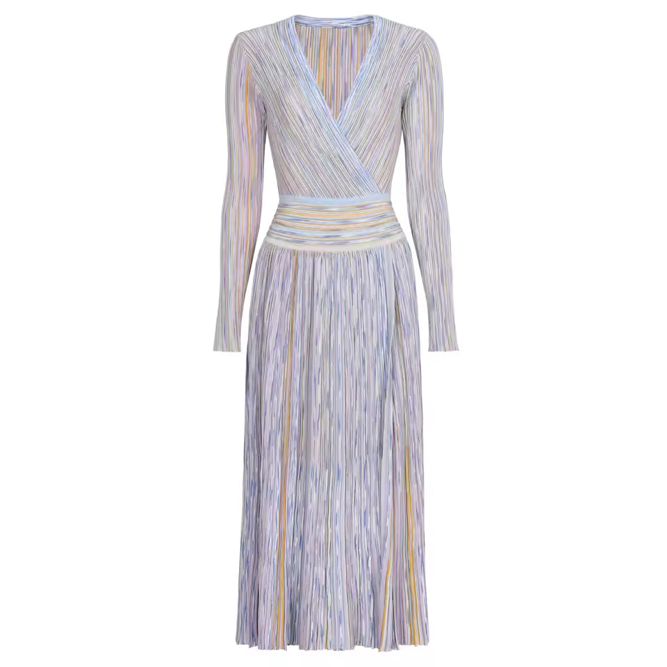 Vintage Striped V-Neck Knitted Midi Dress