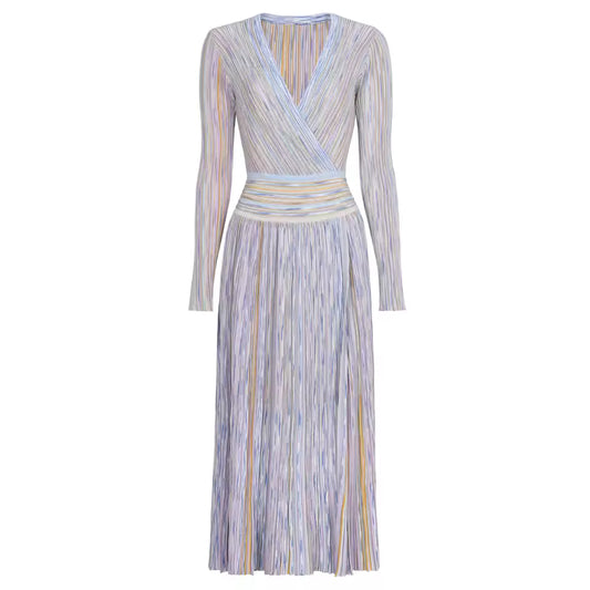 Vintage Striped V-Neck Knitted Midi Dress