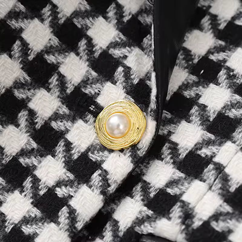Vintage Houndstooth PU Patchwork Double-Breasted Slim Fit Blazer