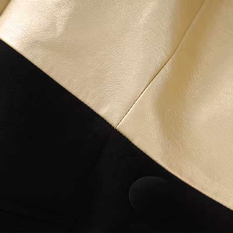 Gold & Black PU Patchwork Double-Breasted Slim Fit Blazer