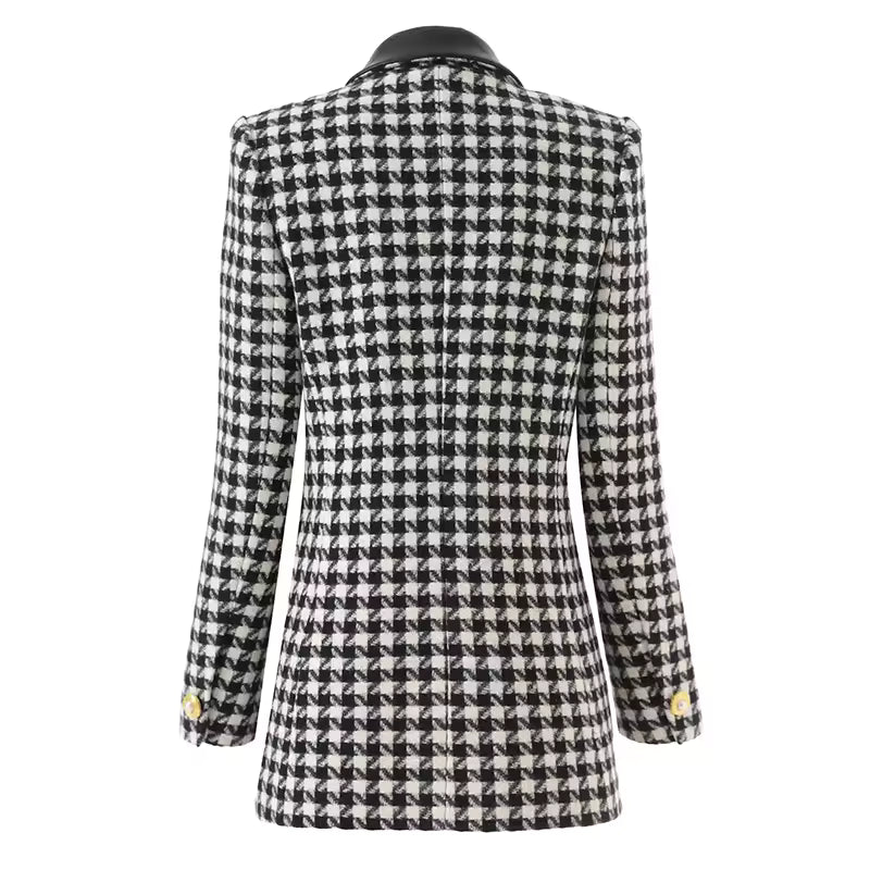 Vintage Houndstooth PU Patchwork Double-Breasted Slim Fit Blazer