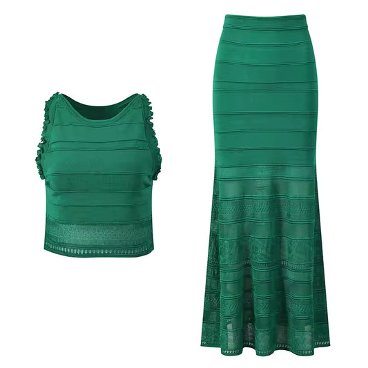 Elegant Knit Hollow Out Ruffle Top and Long Skirt Set