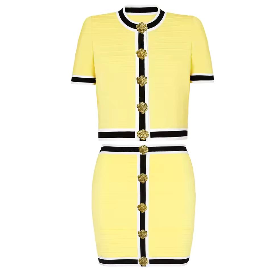 Three-Color Knitted Flower Knot Cardigan & Skirt Set