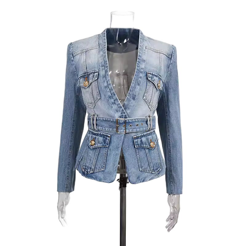 Slim Fit Belted Patchwork Denim V-Neck Coat with Pockets