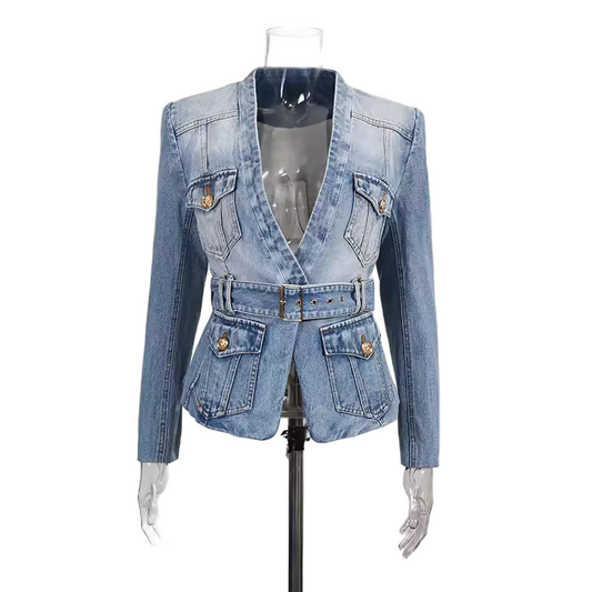 Slim Fit Belted Patchwork Denim V-Neck Coat with Pockets