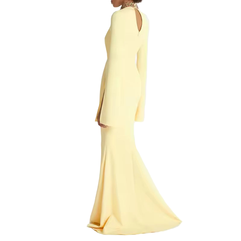 Patchwork Beaded Hollow Out Long Sleeve Split Midi Dress