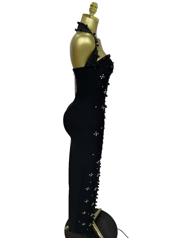Sparkling Rhinestone Pearl Sleeveless Bodycon Bandage Long Dress