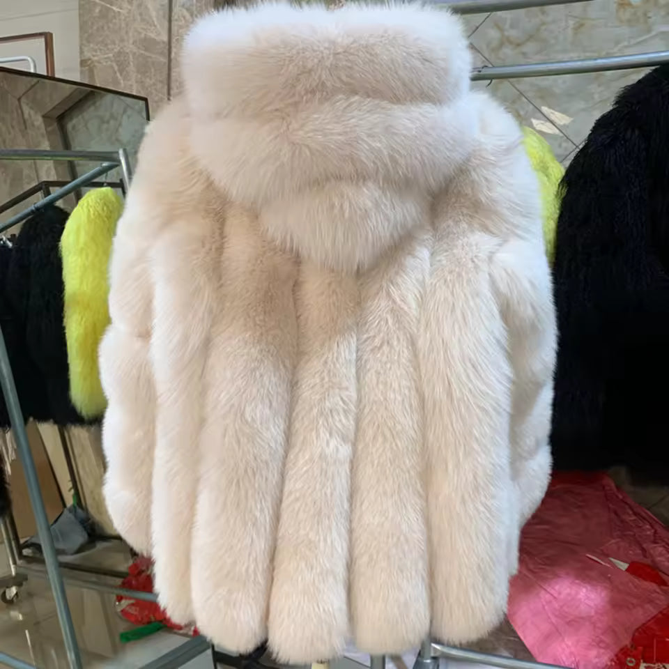 Hooded Natural Fox Fur Coat