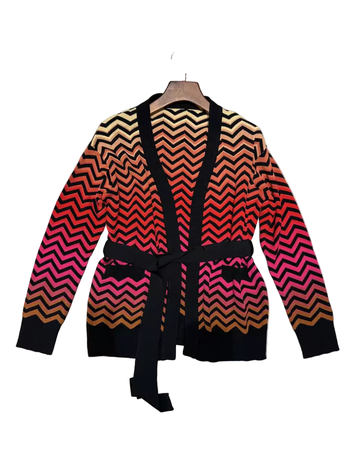 Lace-Up Waist Zigzag Striped V-Neck Long Sleeve Knit Cardigan