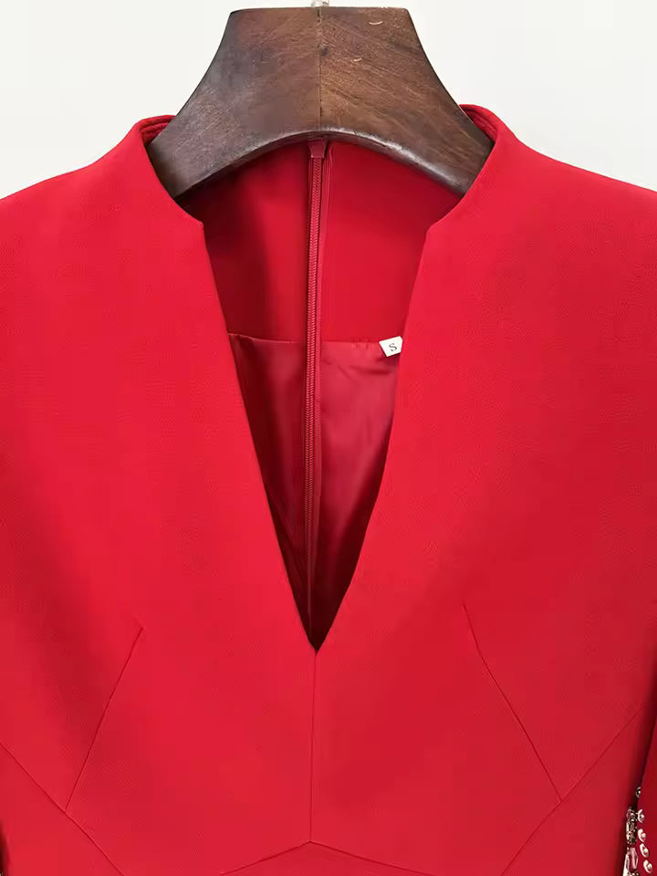 Rhinestone Beaded V-Neck Half Sleeve Knit Midi Dress