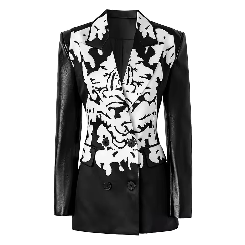 PU Patchwork Floral Slim Blazer