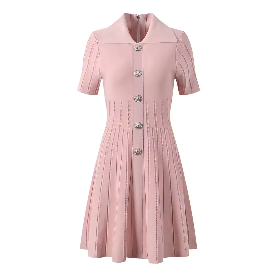 Vintage Knit Turn-Down Collar Single-Breasted Mini Dress