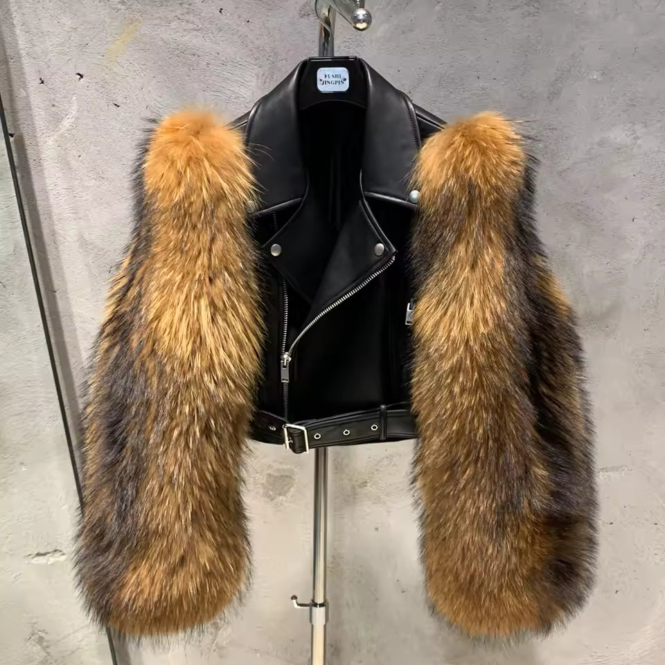 Leather Biker Jacket with Fox Fur Sleeves