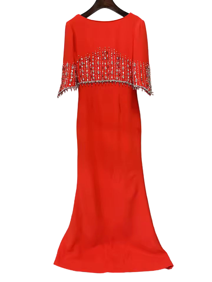 Slim Fit Patchwork Beaded Midi Dress with Half Sleeves