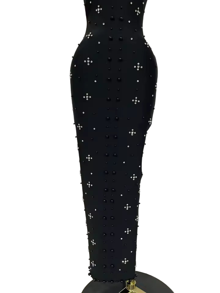 Sparkling Rhinestone Pearl Sleeveless Bodycon Bandage Long Dress