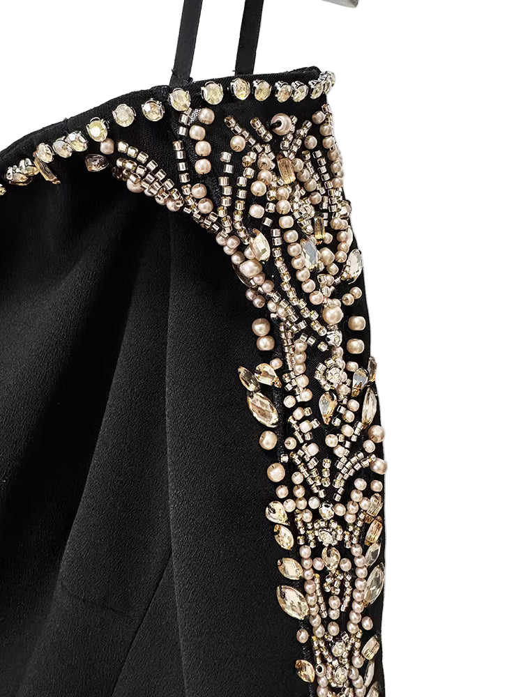 Split Mesh Diamond Beaded Long Sleeve Spaghetti Strap Maxi Dress