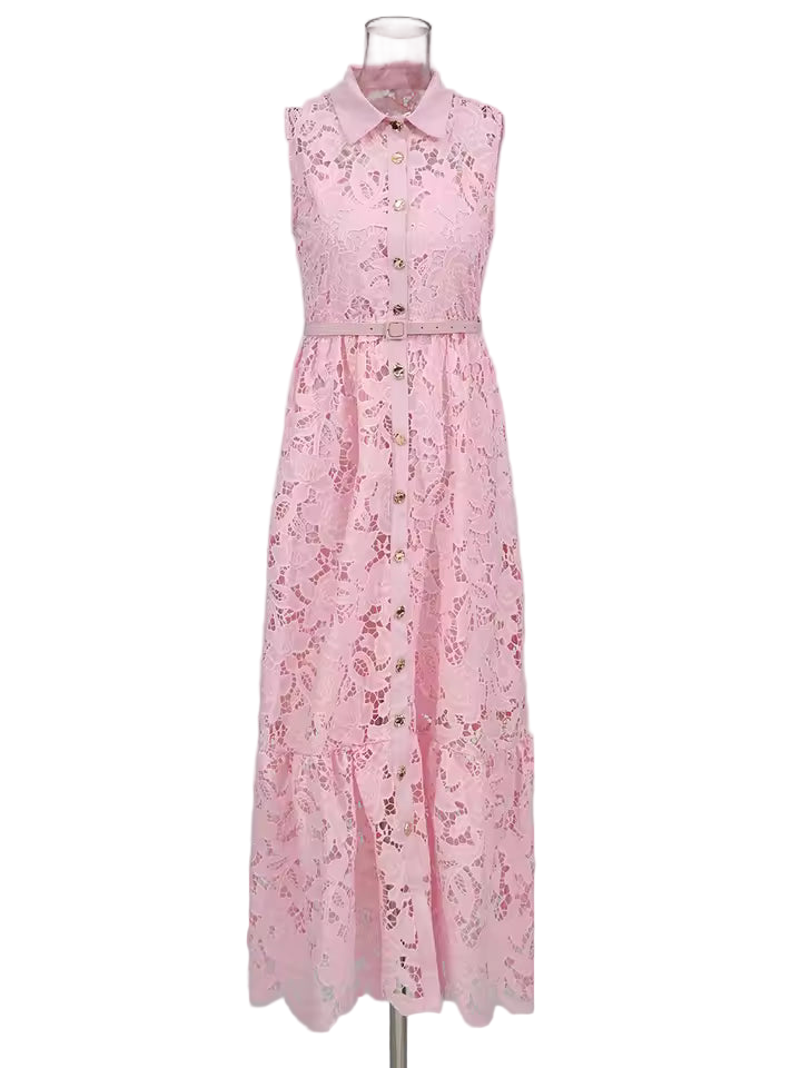 Sleeveless Patchwork Belted Lapel Dress with Hollow Out Detail