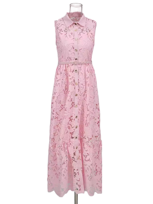 Sleeveless Patchwork Belted Lapel Dress with Hollow Out Detail