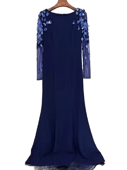 Split Mesh Diamond Beaded Long Sleeve Maxi Dress